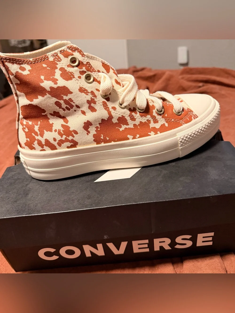 Converse High Top Platform Sneakers in Tan and Cream Cow Print